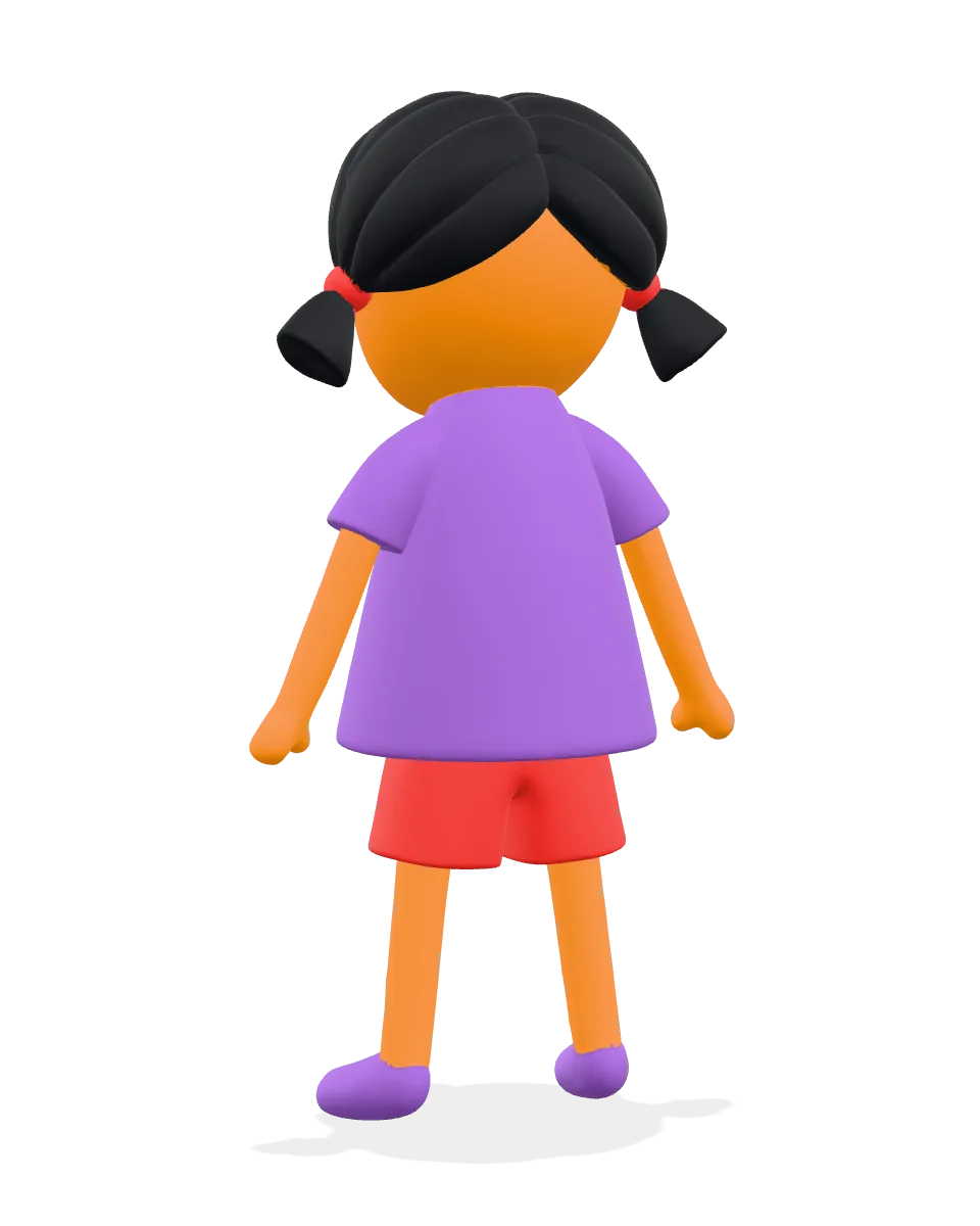 The same generated figurine seen from behind: black pigtails tied with red bands, a purple top, red shorts and purple shoes.