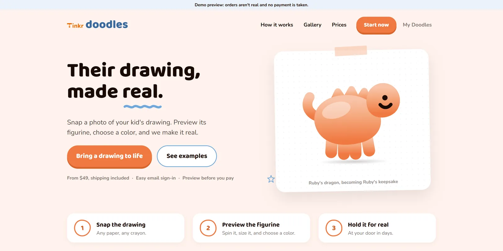 Tinkr Doodles landing page: a headline reading 'Their drawing, made real.' beside an illustrated figurine.