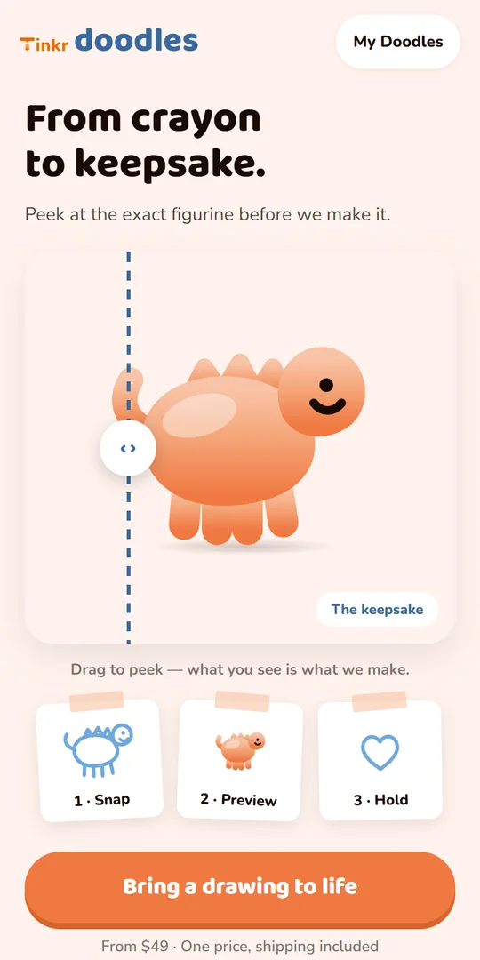 Doodles landing screen on a phone, headed 'From crayon to keepsake.'