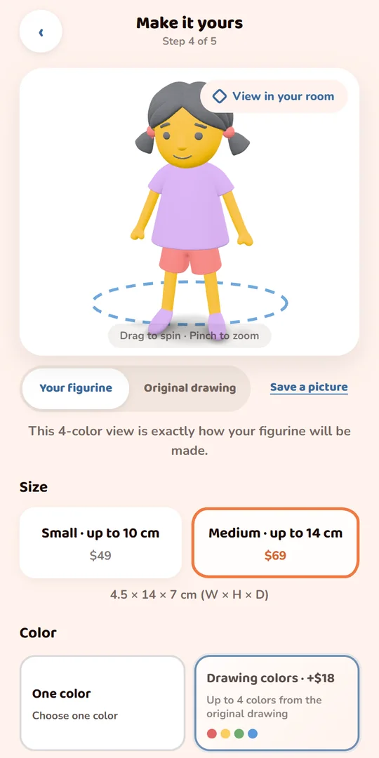3D preview of a four-colour figurine of a girl with pigtails, with size and colour options.