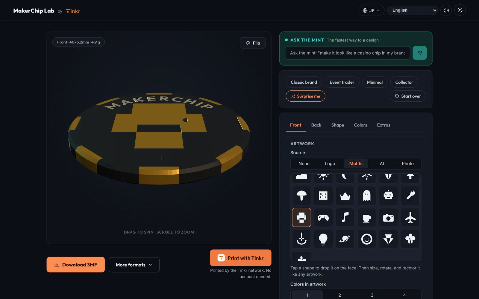 MakerChip design studio in dark mode: a 3D chip with a printer motif on the left, an AI assistant prompt and design controls on the right.