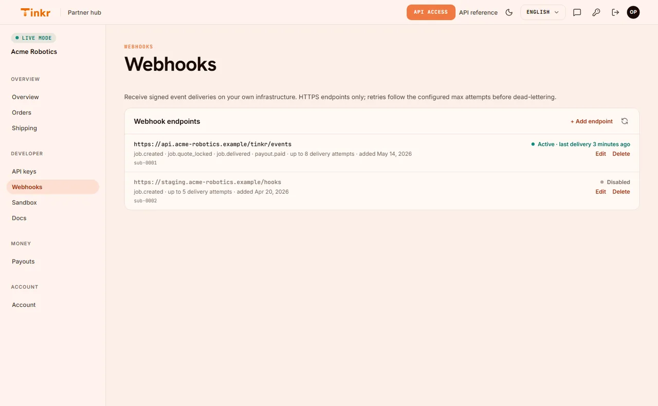 Partner webhook endpoints list showing subscribed events, delivery attempts and status.