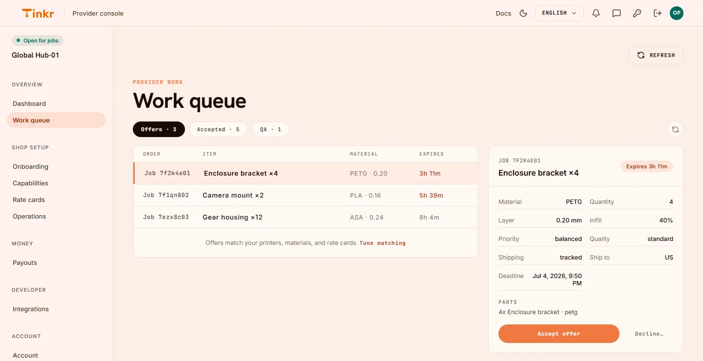 Provider console work queue listing three print offers with materials and expiry timers, and a detail panel to accept the offer.